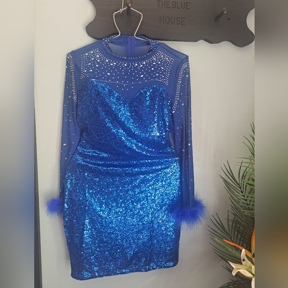 Sequin Mesh Long Sleeves Paillette Beaded Bodycon Blue Nightclub Dress Sz M #NEW - Picture 3 of 10
